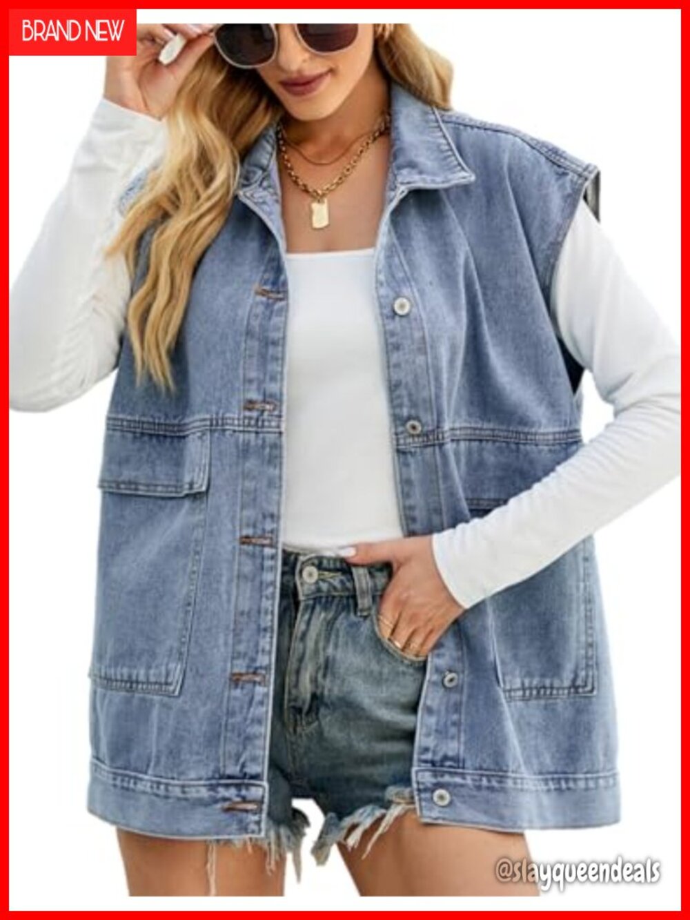 Oversized Sleeveless Denim Vest Button Down Jean Waistcoat Top